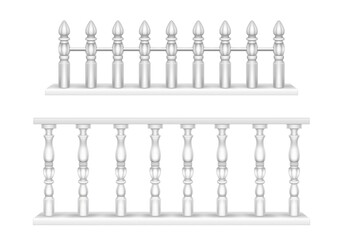 White marble balustrade, handrail for balcony, porch or garden in classic roman style. Vector realistic set of baroque stone railing, banister with pillars, antique fence with columns