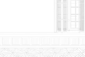 Sketch of the empty room with a window, window shutters, paneling, parquet floor. Front view. 3d render