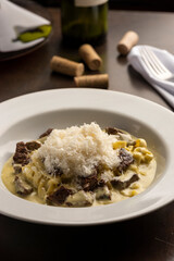 meat and cheese gnocchi pasta made with sirloin and white creamy sauce