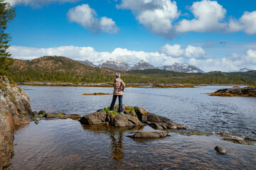 Fototapeta na wymiar Hike in Velfjord nature on sunny day, Northern Norway