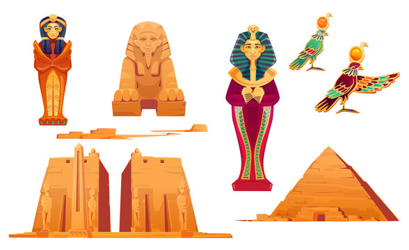 Egypt landmarks and deities set. Ancient egyptian pyramid, sphinx, pharaoh sarcophagus, world famous Obelisk in Temple of Karnak, god Ra. Tourist attraction architecture, Cartoon vector illustration