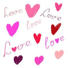 Hearts in a manual style, scribbles, squiggles. Lettering love. Vector illustration, flat design, eps 10. 