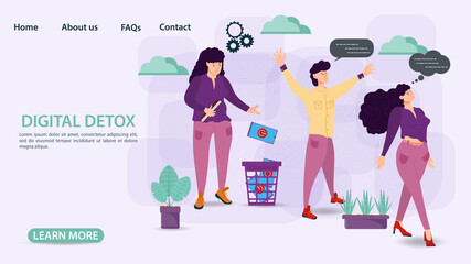 Digital detox banner concept for web and mobile sites Small people men and women throw their phones in the trash getting rid of addiction flat vector illustration