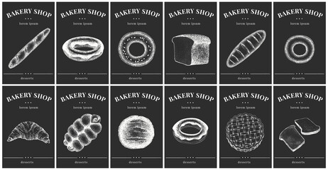 Labels with bakery and desserts. Vintage set templates price tags for shops and bakeries. Vector illustrations on chalk board.