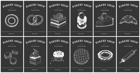 Labels with bakery and desserts. Vintage set templates price tags for shops and bakeries. Vector illustrations on chalk board.