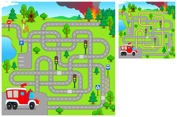 Obraz premium Maze for kids with fire engine. Find the right path to the forest fire. Vector cartoon illustration. Education game for children.