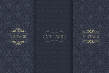 Fototapeta premium Set of Vintage seamless damask pattern. Template greeting card, invitation and advertising banner, brochure. Collection of design elements, labels, icon, frames for packaging, design of luxury product