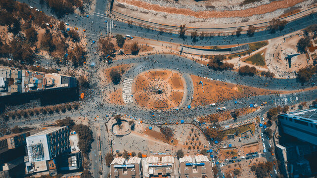 Santiago De Chile 10/20/2019 Aerial Aerial Photography With A Drone On Baquedano Square Where You Can See The Thousands Of Protesters Who Arrive At The Place.