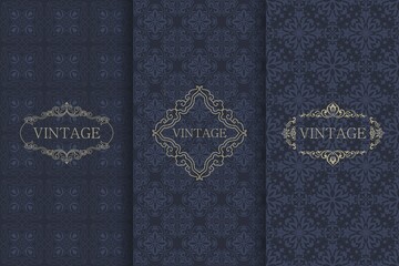 Fototapeta premium Set of Vintage seamless damask pattern. Template greeting card, invitation and advertising banner, brochure. Collection of design elements, labels, icon, frames for packaging, design of luxury product