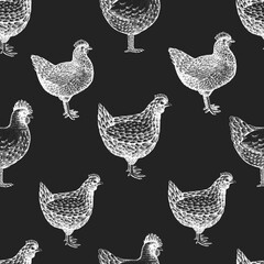 Hand drawn poultry seamless pattern. Vector chicken illustrations on chalk board. Vintage farm birds background