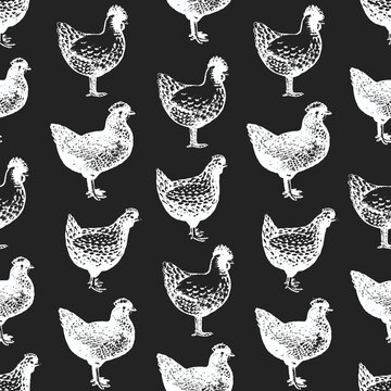 Hand drawn poultry seamless pattern. Vector chicken illustrations on chalk board. Vintage farm birds background
