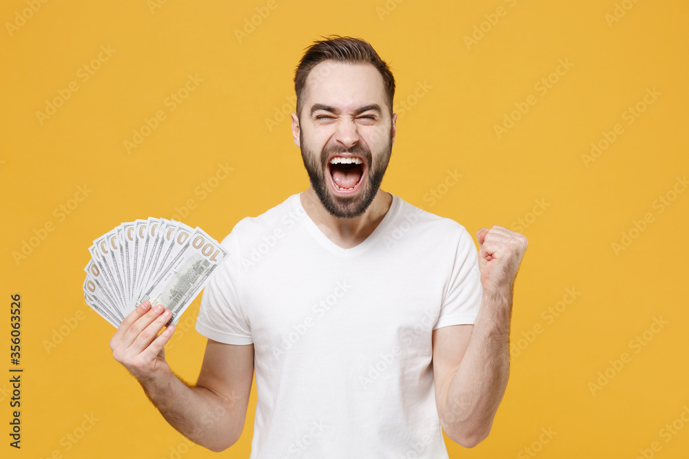 Wall mural Happy young bearded man guy in white casual t-shirt posing isolated on yellow background. People lifestyle concept. Mock up copy space. Hold fan of cash money in dollar banknotes doing winner gesture. - Wall murals