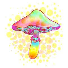 Magic mushrooms. Psychedelic hallucination. Vibrant vector illustration. 60s hippie colorful art in pink pastel goth colors isolated on white. Sticker, patch, poster graphic design.