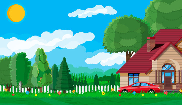 Suburban family house. Countryside wooden house icon. Car, road, fence, forest with trees and building. Nature panorama landscape. Real estate and rent. Vector illustration in flat style