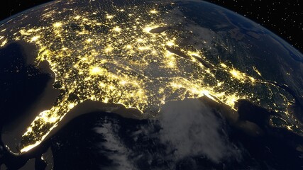 realistic united states of america from space, night usa from space, east coast of the usa from space 3d render