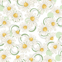 Daisy flowers seamless pattern. Hand drawn chamomile. Vector illustration. Summer design for textile or paper.