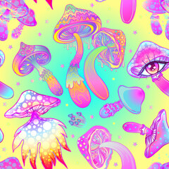 Naklejka premium Magic mushrooms. Psychedelic hallucination. Vibrant vector illustration. 60s hippie colorful background, hippie and boho texture. Ttrippy wallpaper.