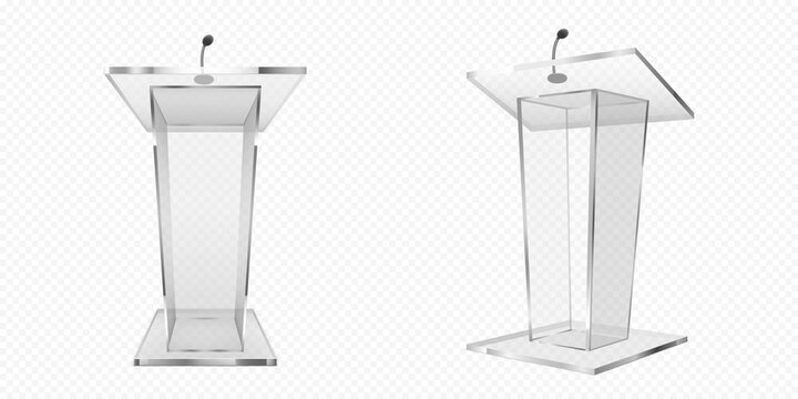 Glass pulpit, podium or tribune front side view. Rostrum stand with microphone for conference debates, trophy isolated on transparent background. Business presentation speech pedestal Realistic vector