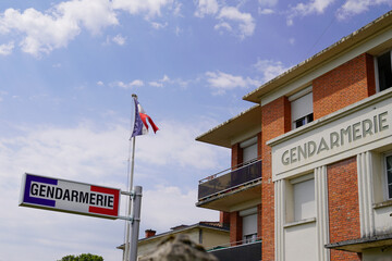 gendarmerie french military police sign logo and france flag in building office recruitment and...