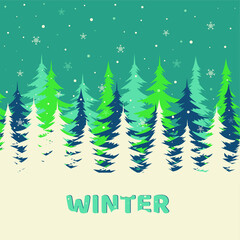 Vector winter background with Christmas trees back. Coniferous forest in charming cold shades. The inscription winter in the foreground. The magical landscape of the season. Free space below for text.
