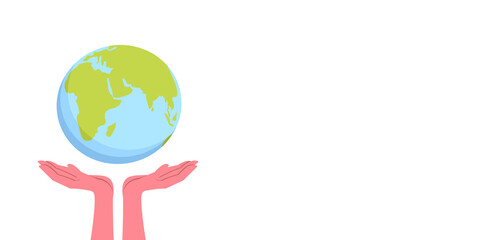 Two hands support the planet earth on an empty white background. Vector illustration, flat cartoon design, eps 10.