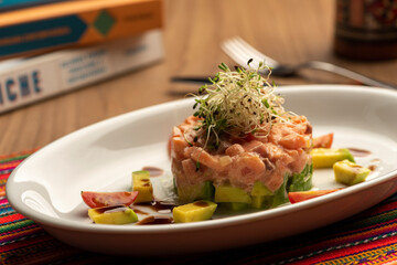 salmon fish avocado and tomatoes steak tartar - peru