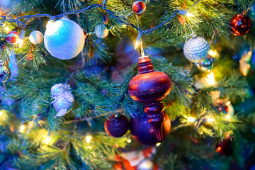 Christmas tree and Christmas decorations, Beautiful decorated christmas tree. Holiday background. Closeup