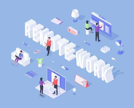 Banner for remote work with three dimensional workers