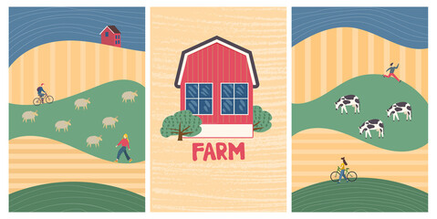 Family vacations farm, farmhouse, rural landscape, animals - cow, sheep. Nature, ecology, organic, environment banners. Cartoon vector illustration in flat style