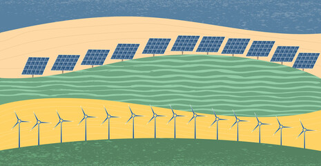 Obraz premium Landscape with solar panels and windmills. Nature, ecology, organic, environment banners. Save the planet and energy concept. Abstract banner of clean green environment. Flat vector cartoon style