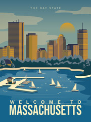 Massachusetts is on a tourist poster. Vintage lighthouse. The east state of the US. Boston area. Printable card for tourists in vintage and retro style