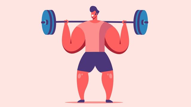 Man is working out and lifting weight in fitness center. Health lifestyle, sport and activity. Vector flat design in motion graphics