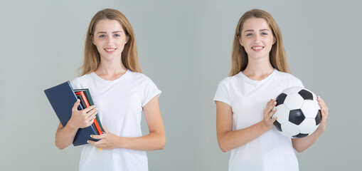 Two types of one girl in school and in sports. First - student with books and the second - athlete with a soccer ball. Beautiful young woman on a gray background.