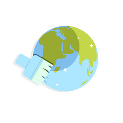 A brush cleans planet Earth. Vector illustration, flat cartoon design, eps 10. Concept: clean planet.