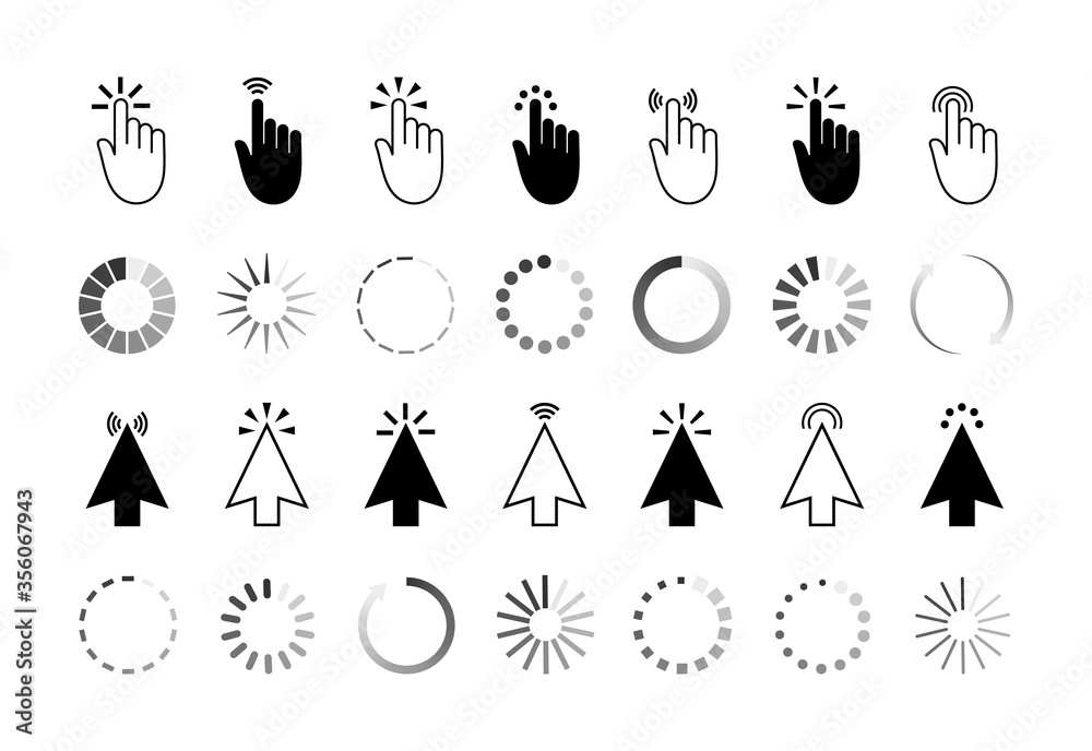 Fototapete Click icon with finger and cursor. Hand, pointer of mouse for button. Select here action with help arrow. Push link in touch screen computer. Graphic interface for search in website and wait. Vector
