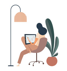 Female designer drawing on tablet. Flat vector illustration