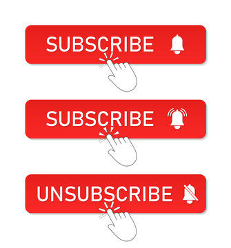 Subscribe button with hand. Subscription icons. Click on video channel. Red logo for online register with bell for member. News and creative content on channel. Service of watch. Internet ui. Vector