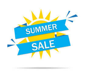 Fototapeta premium Sale summer banner. Sun background for hot offer. Design flyer and tag for special discount. Yellow and blue poster for promotion or price in shop. Label on season event. Coupon, logo of sale. Vector