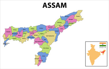 Assam map. Political and administrative map of Assam with districts name. Showing International and State boundary and district boundary of Assam. Vector illustration of districts map. - obrazy, fototapety, plakaty
