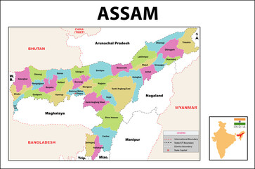 Assam map. Political and administrative map of Assam with districts name. Showing International and State boundary and district boundary of Assam. Vector illustration of districts map. - obrazy, fototapety, plakaty