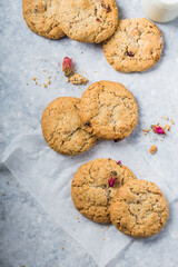 Chocolate cookies on concrete table.Overhead view of double  chip crunchy cookies on cooling rack