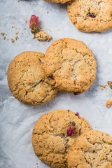Chocolate cookies on concrete table.Overhead view of double  chip crunchy cookies on cooling rack