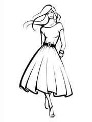 Sketch of a beautiful girl walking. Fashion, style, beauty. Vector black-white drawing.