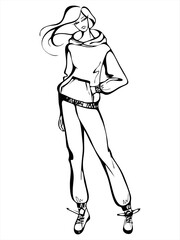 Silhouette of a beautiful young woman in sportswear. A girl with long hair. Vector black-white graphics.