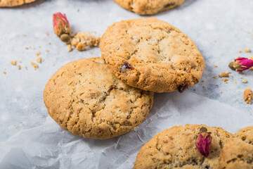 Chocolate cookies on concrete table. Overhead view of double  chip crunchy cookies on cooling rack