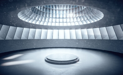 Empty futuristic hall interior with abstract wall and pedestal.