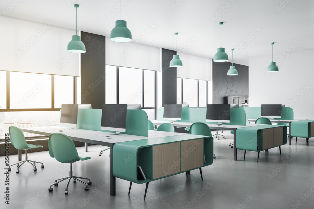 Poster minimalistic office interior with computers and panoramic city view.