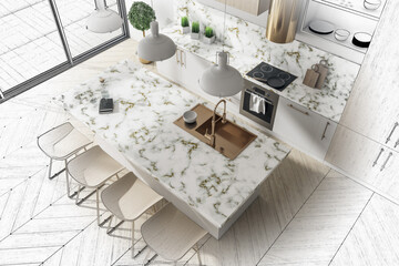 Top view of modern loft kitchen interior with marble table.