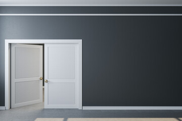 Modern home interior with door and blank gray wall