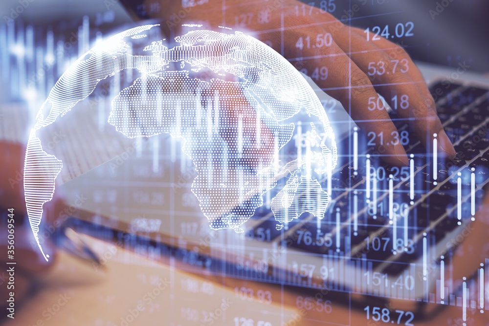 Poster hand using laptop with abstract falling stock exchange statistics hologram